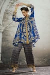 Buy_Rajdeep Ranawat_Blue Silk Print Floral Band Collar Tunic_at_Aza_Fashions