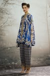 Shop_Rajdeep Ranawat_Blue Silk Print Floral Band Collar Tunic_Online_at_Aza_Fashions
