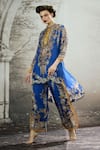 Buy_Rajdeep Ranawat_Blue Silk Print Floral Collared Neck Baaka Asymmetric Hem Tunic_at_Aza_Fashions