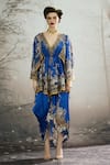 Shop_Rajdeep Ranawat_Blue Silk Print Floral V Neck Parma Regal Peplum Tunic_at_Aza_Fashions
