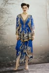 Shop_Rajdeep Ranawat_Blue Silk Print Floral V Neck Parma Regal Peplum Tunic_Online_at_Aza_Fashions