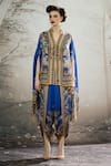 Buy_Rajdeep Ranawat_Blue Silk Print Floral V Neck Chloe Regal Cape_at_Aza_Fashions