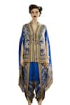 Rajdeep Ranawat_Blue Silk Print Floral V Neck Chloe Regal Cape_Online_at_Aza_Fashions