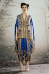 Buy_Rajdeep Ranawat_Blue Silk Print Floral V Neck Chloe Regal Cape_Online_at_Aza_Fashions