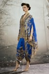 Shop_Rajdeep Ranawat_Blue Silk Print Floral V Neck Chloe Regal Cape_Online_at_Aza_Fashions