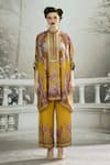 Rajdeep Ranawat_Yellow Silk Printed Floral Band Collar Chanel Kaftan Tunic_Online_at_Aza_Fashions