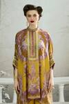 Buy_Rajdeep Ranawat_Yellow Silk Printed Floral Band Collar Chanel Kaftan Tunic_Online_at_Aza_Fashions