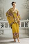 Buy_Rajdeep Ranawat_Yellow Silk Printed Floral V Neck Dalilah Draped Kaftan Tunic