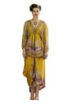 Rajdeep Ranawat_Yellow Silk Printed Floral V Neck Parma Drawstring Kaftan_Online_at_Aza_Fashions