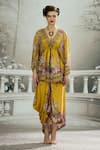 Buy_Rajdeep Ranawat_Yellow Silk Printed Floral V Neck Parma Drawstring Kaftan_Online_at_Aza_Fashions