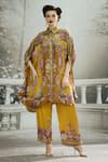 Buy_Rajdeep Ranawat_Yellow Silk Printed Floral Collared Kamara Gathered Sleeve Circular Shirt Tunic_at_Aza_Fashions