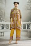 Shop_Rajdeep Ranawat_Yellow Silk Printed Floral Collared Kamara Gathered Sleeve Circular Shirt Tunic_Online_at_Aza_Fashions