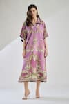 Buy_Rajdeep Ranawat_Purple Cotton Linen Printed Floral Collared Briana Button Down Kaftan Dress _Online_at_Aza_Fashions