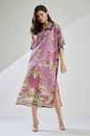 Shop_Rajdeep Ranawat_Purple Cotton Linen Printed Floral Collared Briana Button Down Kaftan Dress_Online_at_Aza_Fashions