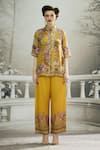 Buy_Rajdeep Ranawat_Yellow Modal Satin Printed Floral Permaz Border Flared Pant_Online_at_Aza_Fashions