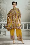 Buy_Rajdeep Ranawat_Yellow Modal Satin Printed Rose Permaz Border Flared Pant_at_Aza_Fashions