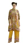 Buy_Rajdeep Ranawat_Yellow Modal Satin Printed Rose Permaz Border Flared Pant_Online_at_Aza_Fashions