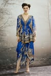 Buy_Rajdeep Ranawat_Blue Modal Satin Printed Botanical Leila Draped Skirt_at_Aza_Fashions