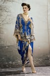 Shop_Rajdeep Ranawat_Blue Modal Satin Printed Botanical Leila Draped Skirt_at_Aza_Fashions
