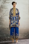Buy_Rajdeep Ranawat_Blue Silk Printed Flower Band Collar Chanel Tunic_Online_at_Aza_Fashions