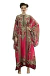 Buy_Rajdeep Ranawat_Pink Silk Print Vintage Clover V Neck Beatrice Flora Kaftan _Online_at_Aza_Fashions