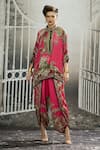 Shop_Rajdeep Ranawat_Pink Silk Print Flora Treasure Band Collar Chanel Tunic_Online_at_Aza_Fashions