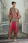 Buy_Rajdeep Ranawat_Pink Silk Print Blossom Mandarin Collar Ramona Poncho Top _at_Aza_Fashions