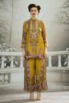 Rajdeep Ranawat_Yellow Silk Print Florence Band Collar Baaka High Low Tunic _Online_at_Aza_Fashions