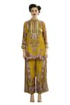 Buy_Rajdeep Ranawat_Yellow Silk Print Florence Band Collar Baaka High Low Tunic _Online_at_Aza_Fashions