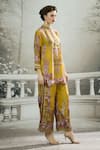 Rajdeep Ranawat_Yellow Silk Print Florence Band Collar Baaka High Low Tunic _at_Aza_Fashions