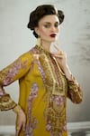 Rajdeep Ranawat_Yellow Silk Print Florence Band Collar Baaka High Low Tunic _Online