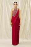 ARPAN VOHRA_Red Georgette Embroidered Crystal Halter Neck Embellished Saree Gown _at_Aza_Fashions