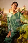 Shop_Midushi Bajoria_Green Georgette Embroidery Applique Rosa Swarovski Embellished Top With Pant _Online_at_Aza_Fashions