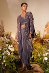 Buy_Midushi Bajoria_Purple Silk Petunia Applique Swarovski Embellished Jacket Draped Skirt Set _at_Aza_Fashions