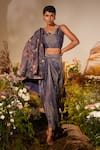 Midushi Bajoria_Purple Silk Petunia Applique Swarovski Embellished Jacket Draped Skirt Set _Online_at_Aza_Fashions