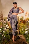 Shop_Midushi Bajoria_Purple Silk Petunia Applique Swarovski Embellished Jacket Draped Skirt Set _Online_at_Aza_Fashions