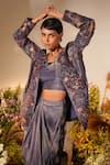 Buy_Midushi Bajoria_Purple Silk Petunia Applique Swarovski Embellished Jacket Draped Skirt Set 