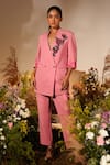 Buy_Midushi Bajoria_Pink Banana Crepe Embroidery Cutdana Lapel Rosa Swarovski Blazer With Pant _at_Aza_Fashions