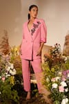 Buy_Midushi Bajoria_Pink Banana Crepe Embroidery Cutdana Lapel Rosa Swarovski Blazer With Pant _Online_at_Aza_Fashions