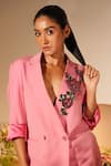 Shop_Midushi Bajoria_Pink Banana Crepe Embroidery Cutdana Lapel Rosa Swarovski Blazer With Pant _Online_at_Aza_Fashions