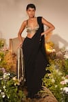 Shop_Midushi Bajoria_Black Stripe Tissue Embroidery Swarovski Sweetheart Jacket Pre-draped Saree Set _Online_at_Aza_Fashions