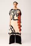 LABEL SHRISTI CHETANI_Beige Crepe Printed Abstract Boat Neck Kaftan With Pant_at_Aza_Fashions