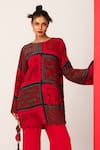 LABEL SHRISTI CHETANI_Red Crepe Printed Round Neck Top With Flared Pant_Online_at_Aza_Fashions