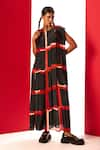 Buy_LABEL SHRISTI CHETANI_Red Crepe Printed Linear Round Neck A-line Dress _at_Aza_Fashions