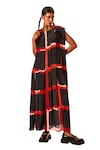 Buy_LABEL SHRISTI CHETANI_Red Crepe Printed Linear Round Neck A-line Dress_Online_at_Aza_Fashions