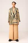 Buy_LABEL SHRISTI CHETANI_Beige Crepe Printed Linear Lapel Collar Embroidered Pleated Blazer With Pant_at_Aza_Fashions