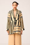 LABEL SHRISTI CHETANI_Beige Crepe Printed Linear Lapel Collar Embroidered Pleated Blazer With Pant_Online_at_Aza_Fashions