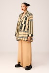 Buy_LABEL SHRISTI CHETANI_Beige Crepe Printed Linear Lapel Collar Embroidered Pleated Blazer With Pant_Online_at_Aza_Fashions