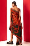 Shop_LABEL SHRISTI CHETANI_Red Crepe Printed Abstract One Shoulder Neck Embroidered Dress_at_Aza_Fashions