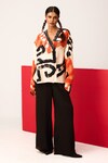 Buy_LABEL SHRISTI CHETANI_Red Crepe Printed Lapel Collar Embroidered Shirt With Pant _at_Aza_Fashions